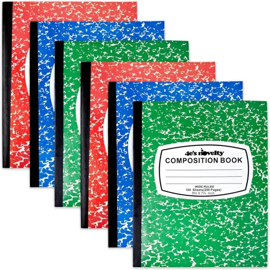 4E's Novelty Wide Ruled Composition Notebooks - Pack of 6- Hard Cover 100 Sheets 9.75" x 7.5" - Red Blue Green Cute Marble Colors, Bulk Compositon Book Wide Ruling, Back to School Supplies {3}