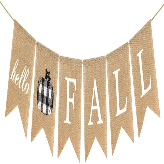 Hello Fall Burlap Banner Buffalo Check Plaid Jute Burlap Pumpkin Garland {1}