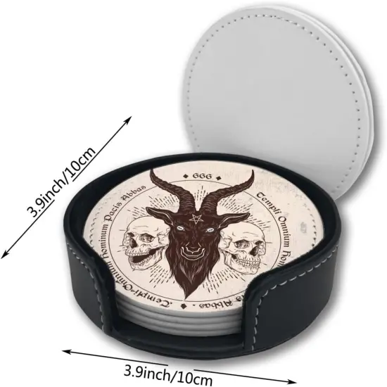 Satan Goat Skull Leather Coasters &ndash; Set of 6 with Holder for Coffee Table {3}