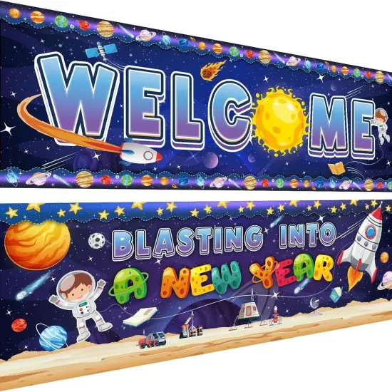 2 Pcs Classroom Welcome Banner Poster Outer Space Classroom Motivational Banner {1}