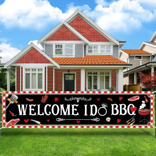 BBQ Party Decorations Welcome I DO BBQ Yard Banner Red Gingham {1}