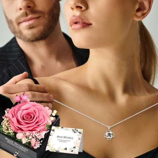 Preserved Rose Flower Gifts with Necklace - PINK {4}
