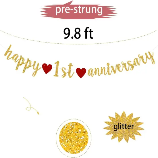 Happy 1st Anniversary Party Banner - Gold Glitter 1 Year Garland {2}