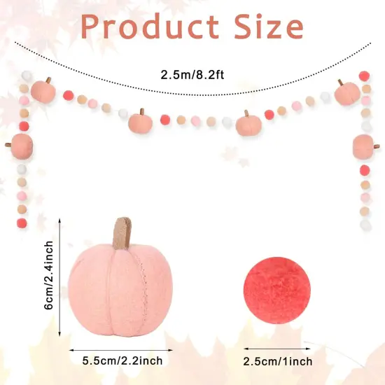 8.2Ft Fall Felt Pom Pom Banner Pink 3D Pumpkin Shape Felt Hanging Garland {2}