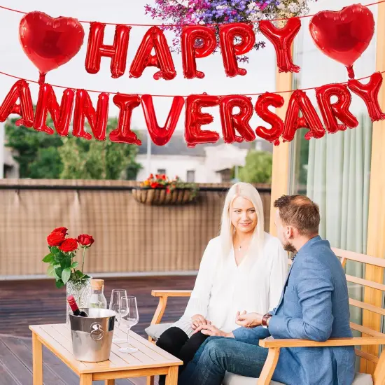 16" Red HAPPY ANNIVERSARY Letter Balloons with 18" Heart-Shaped Foil Balloons {4}