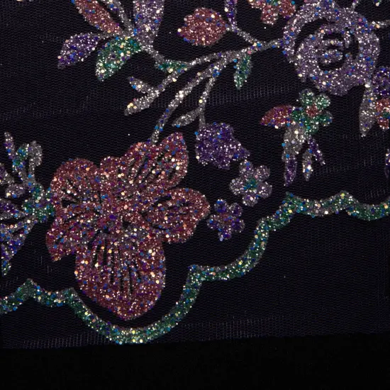 1 Yard Tulle Lace Fabric with Multicolor Glitter Floral Design, 58&Prime; Wide Navy {2}