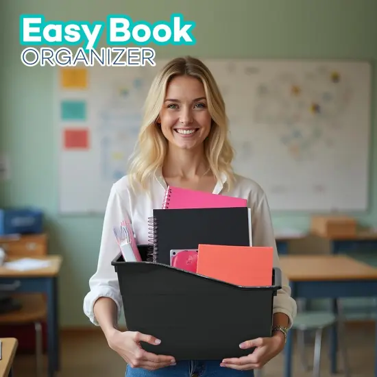 4E's Novelty 6 Pack Large Book Bin with Labels, Durable Black Book Bins for Classroom, Large Plastic Bins for Books, Sturdy Containers for Books, Versatile Classroom Textbook Boxes for Various Use {4}