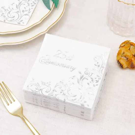 Silver Foil 25th Anniversary Cocktail Napkins {3}
