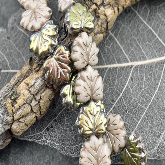 *20* 13x11mm Platinum Washed Opaque Ivory Marea Maple Leaf Beads {5}