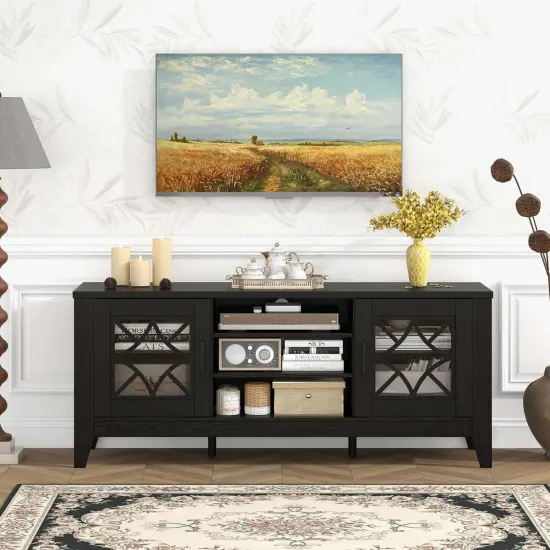 Costway TV Stand for TVs up to 65" with 3-Position Adjustable Shelves Tempered Glass Doors Black/Teal Blue {9}