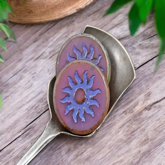 *2* 21mm Purple Washed Pink Opal Picasso Table Cut Sun Design Coin Beads {2}