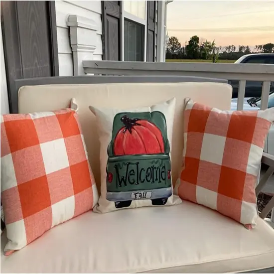 Set of 2 Fall Throw Pillow Covers - Orange & White Plaids (18"x18") {5}