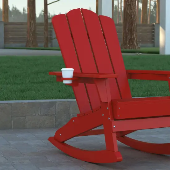 Emma and Oliver Tiverton Adirondack Rocking Chair with Cup Holder, Weather Resistant HDPE Adirondack Rocking Chair Brown {12}