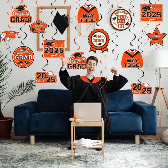 31 Pieces Graduation Decorations Class of 2025, Graduation Hanging Swirl Congrats Grad and Graduation Party Decorations(Orange, Black) {1}