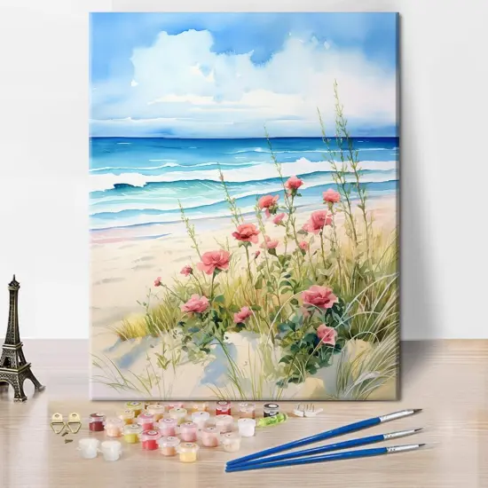 DIY Paint by Numbers for Adults Beach Scene Adult Paint by Number Kits on Canvas Pink Flowers Blue Ocean Painting by Numbers Kit for Adults Vintage Art Crafts 16x20 in {1}
