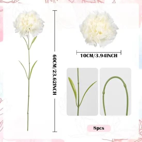 White Carnations Artificial Flowers 8pcs Silk Carnations White Fake Flowers Large Faux Carnations for Wedding Bouquets for Bride Baby Shower Centerpieces Table Decor (White) {3}