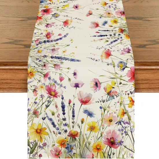 Daisy Lavender Floral Leaves Spring Table Runner, Summer Kitchen Dining Table Decoration for Home Party Decor 13x72 Inch {1}