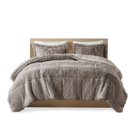 Grey Soft Sherpa Faux Fur 3-Piece Comforter Set with Pillow Shams {1}