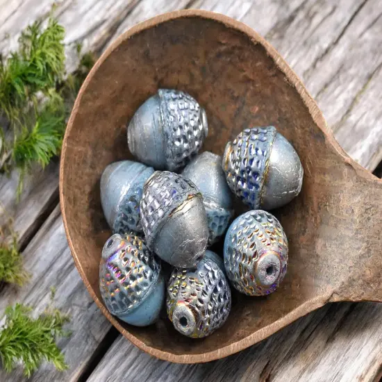 *8* 10x12mm Gold AB Washed Matte Dark Sky BlueAcorn Oval Beads {1}