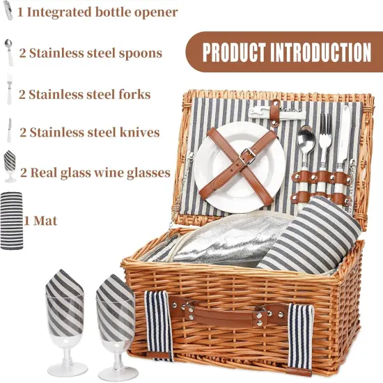 Wicker Picnic Basket for 2, Willow Hamper Basket with Large Insulated Cooler Compartment, Picnic Sets with Waterproof Picnic Blanket, Picnic Basket with 2 Person Kit for Camping, Hiking(Grey) {4}