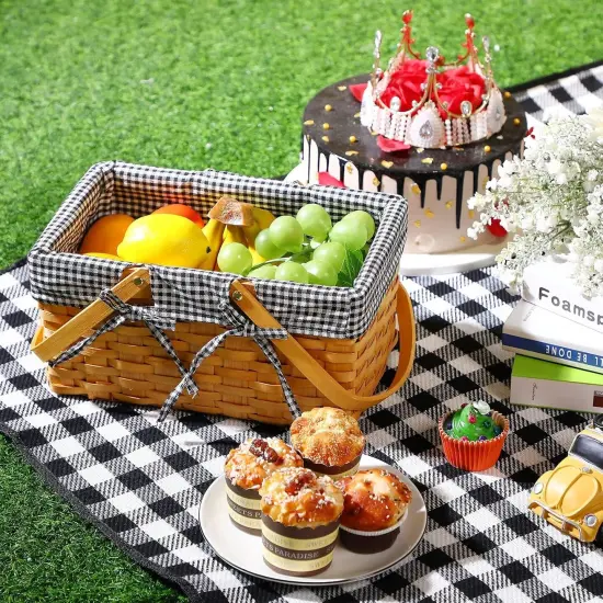 Picnic Basket Natural Woven Woodchip Basket with Double Folding Handles, Picnic Blanket Easter Basket for Easter Egg Candy Storage Spring Summer Camp(Black and White Grid) {5}