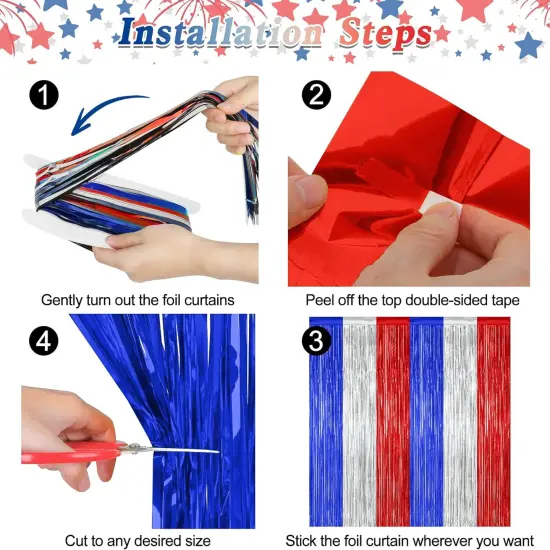 2 Pack 4th of July Party Supplies, 3.28 FT x 7.05 FT 4th of July Tinsel Backdrop, Blue Silver Red Color Fringe Curtains Streamer Backdrop, 4th of July Photo Backdrop Party Decorations {3}