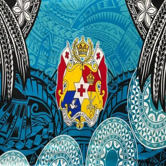 Kingdom of Tonga Seal Plumeria Tattoo Design Polyester Sarong 72" L x 45" W Teal {3}