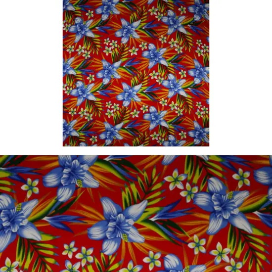 1 Yard Hippeastrum Plumeria Birds of Paradise Palm Leaves Rayon Challis Fabric 45" Wide Red {6}