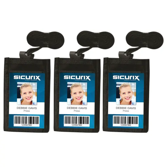 ID Neck Pouch Badge Holder, Vertical, Adjustable Cord, 4" x 2-1/4" Insert, Black, Pack of 3 {1}