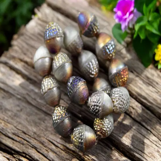 *8* 10x12mm Silver Washed White VolcanoAcorn Oval Beads {3}