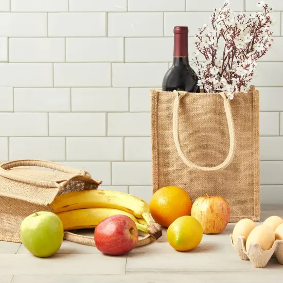 12 Pack of Natural Burlap Tote Bags with Handles 8 x 10 x 4 Inches for Groceries, Shopping, Beach, DIY Crafts, Art Projects, Bachelorette Party, Reusable Bulk Set Brown {2}