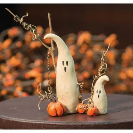 Friendly Resin Ghost Figurine with Pumpkin and Twig Accents {1}
