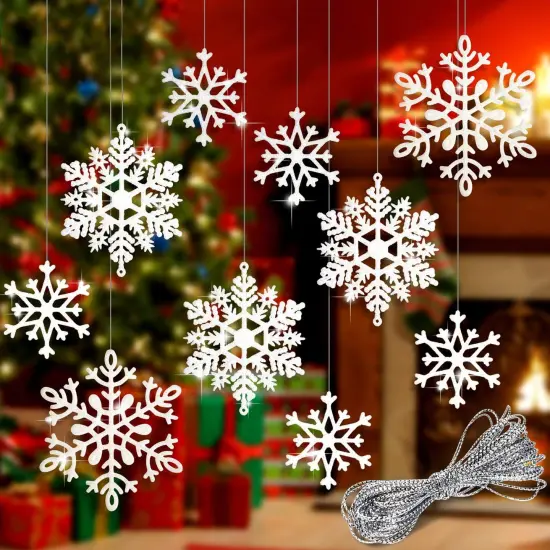 40Pcs White Glitter Snowflake Ornaments with 197 Inches Silver Rope - White {1}