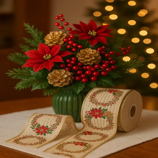 Designer&rsquo;s Shop WR 63-5215 2.5" x 10 Yards Christmas Wreath Wired Edge Ribbon &ndash; Gold Glitter Pinecones, Red Poinsettias & Holiday Garland {4}