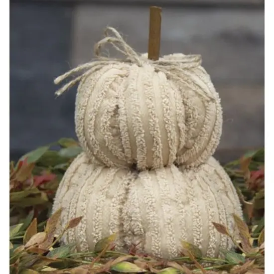 Cream Chenille Fabric Mini Pumpkin Stack with Stick Stem and Jute Bow {2}