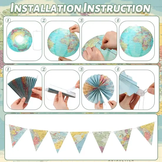 19 Pcs Map Classroom Decorations Travel Themed Party Decorations Globes Hanging Paper Lantern Fans Triangle Flags {4}