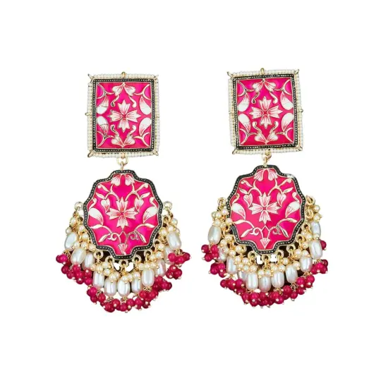 Oversized Indian Jhumka Earrings &ndash; Square Stud Jhumki, Ethnic Chandbali with Floral Print & Faux Pearls &ndash; Bollywood Dangle Jewelry for Women, Bride & Birthday Gift LIGHTPINK {5}