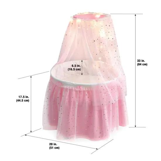 Badger Basket Sweet Dreams Round Doll Bassinet with Canopy and LED Lights - Pink/White/Stars {4}