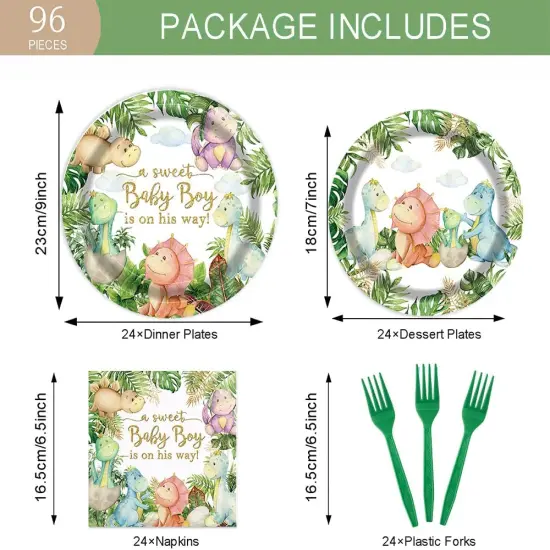 96Pcs Dinosaur Baby Shower Party Tableware Supplies,Serve 24 Guests {2}