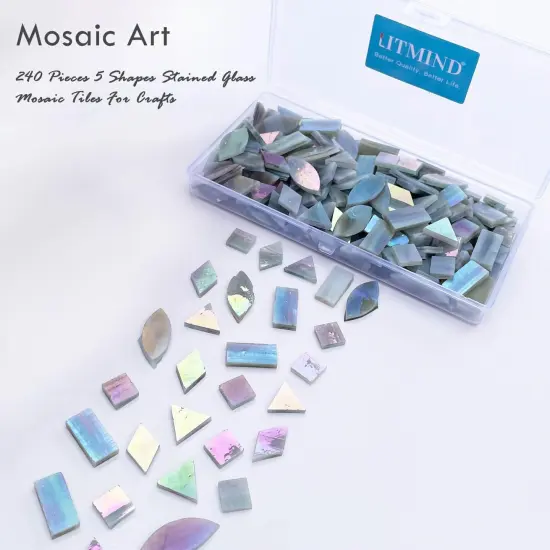 LITMIND Iridescent Ash Gray Stained Glass Mosaic Tiles for Crafts - 240 Pieces, 5 Shapes Mixed (Rectangle, Triangle, Rhombus, Square, Leaf) - Ideal for Mosaic Making Projects and Beginners {6}