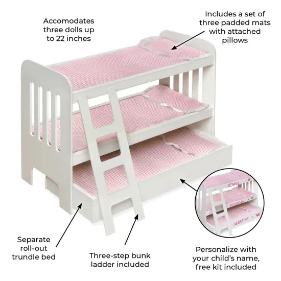 Badger Basket Trundle Doll Bunk Bed with Ladder and Free Personalization Kit - White/Pink {3}