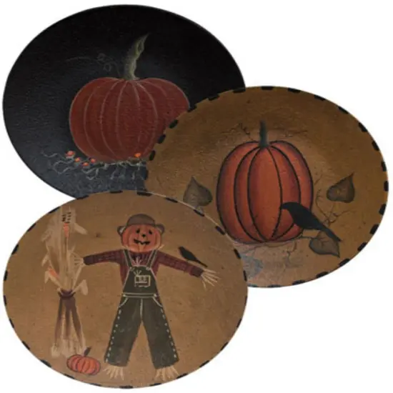 Rustic Fall Decorative Wood Plates 6 Inch Hand-Painted Pumpkin and Scarecrow Designs 3 Asstd. {1}