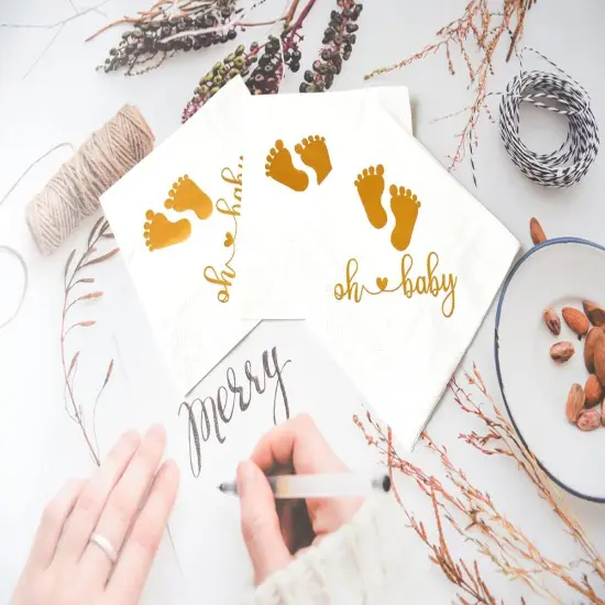 Pack of 50 Baby Shower Oh Baby Napkins 3 Ply (White & Gold) {5}