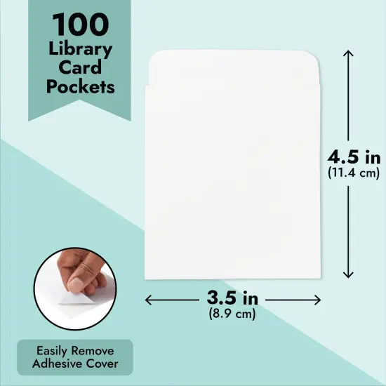 100 Pack Library Card Pockets Self Adhesive for Book Checkouts, CDs, DVDs, Classroom Supplies (3.5 x 4.5 In) White {4}