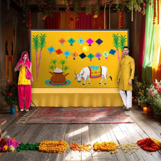 Happy Makar Sankranti Backdrop Banner - Sankranthi Decor Indian Harvest Festival Background Holiday Banner Wall Background Sankranti Party Celebration Decorations Photo Props {1}