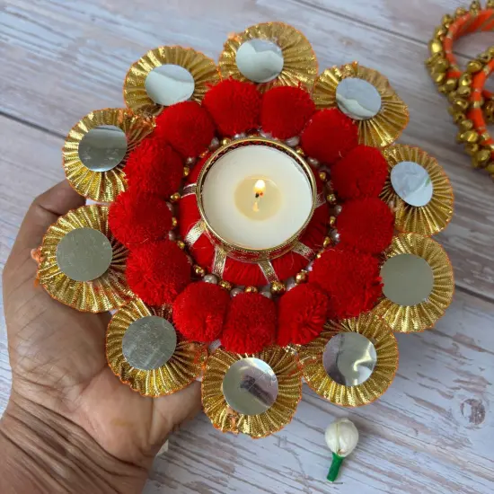 2 Ct Rangoli Mat with Tea Light Candle Holder for Diwali Christmas Onam Pongal Decorations Pompom Rangoli Floor Home Temple Table Decor - Indian Traditional Deepawali Housewarming Gift (2 Pcs) {3}