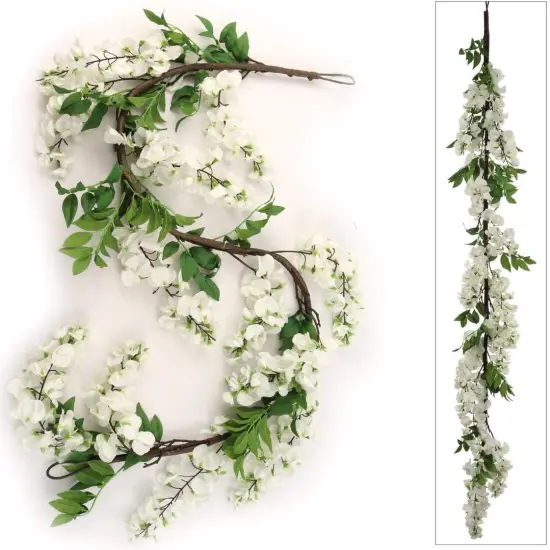 4PC Floral Home 60" Luxurious White Silk Wisteria Garland - 12 Lush Hanging Flowers - Wedding Aesthetics - Home & Office Embellishments - Floral Accent Piece - Centerpiece Table Decorations Garland {1}