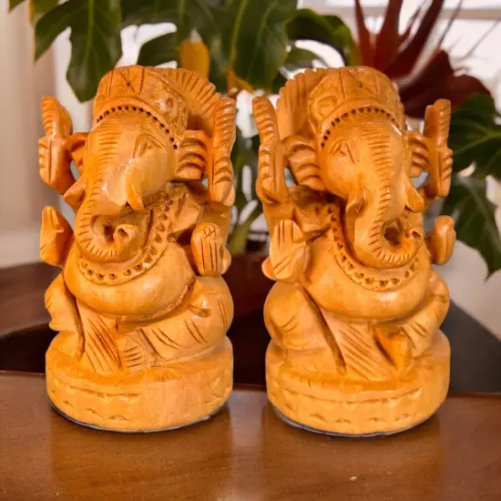 Wooden Ganesha Idol Hand Carved Lord Ganesh Wood Sculpture Gajanana Ganpati Bappa Figurine for Pooja - Home Decor Office Desk Hindu God Idol Murti Good Luck & Success - Hindu God Idol {4}
