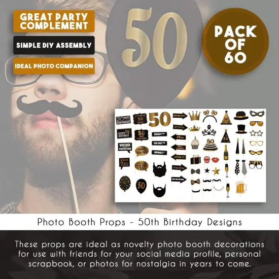 50th Birthday Photo Booth Props - 60-Pack Birthday Party Supplies, Selfie Props, Party Favors for Cocktail Parties, Black and Gold {6}