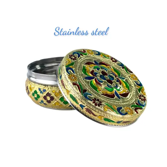 4ct Decorative Sweet Box Stainless Steel Small Round Storage Box Meenakari Container Laddu Box Spice Storage Unique Multipurpose use Box Gift for Guest {4}
